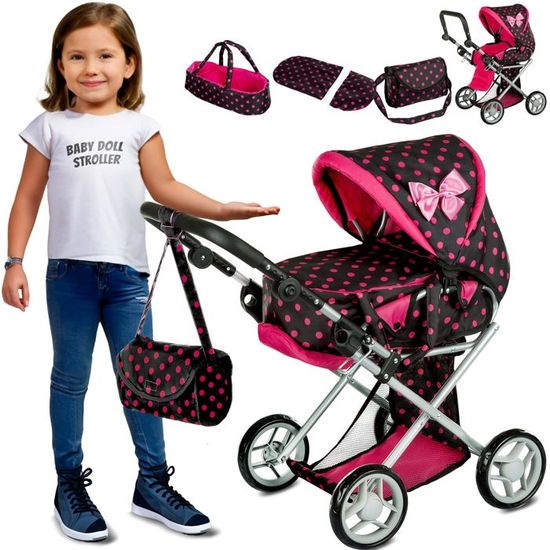 Speedy Monkey - Poussette Poupée Bois Enfant - Landau avec Literie Douce Incluse - Surface sans Échardes - Jeu d'Imitation 2 Ans et Plus - Cadeau Fille Bois Certifié FSC Peinture Non