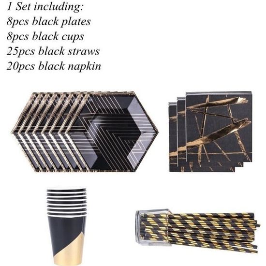 Black Type B -Vaisselle jetable en or noir,1 ensemble,assiettes-tasses-pailles en papier doré,décoration de Table,fournitures de