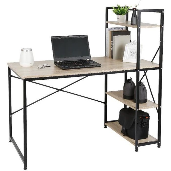 KELUODAE° Chêne Bureau Design Industriel - Table de Bureau Avec Bibliothèque - 120 x 64 x 121 cm
