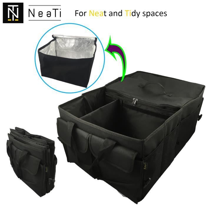 Organisateur de coffre HAUTE QUALITE, PLIABLE à 2 compartiments, GLACIERE souple amovible + 11 poches externes. Sac RIGIDE et STABLE