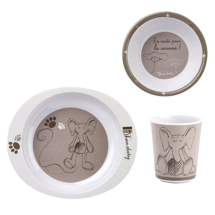 THERMOBABY Vaisselle Mélamine Décorée Beige/Blanc- En route pour la savane !