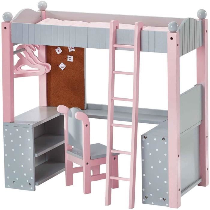 Lit superposé Mezzanine avec Bureau et étagères de Rangement pour poupée Poupon Jouet Olivias Little World TD-0204AG A67