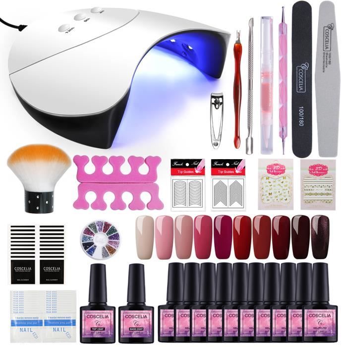 Kit Manucure Vernis Gel Semi Permanent Coscelia 36W LED/UV Lampe Kit 10pc Soak Off UV Nail Gel Accessoires Nail Art DIY Outils