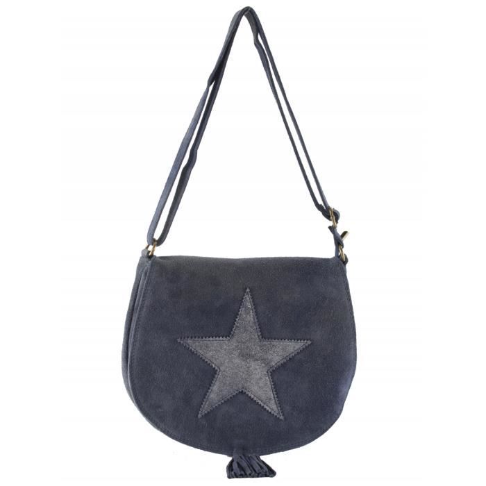 Sac Cuir Velours Bandoulière Femme (Bleu Marine - TU)