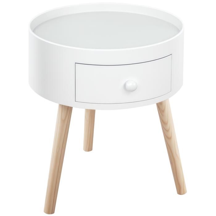 Chevet table de nuit ronde design scandinave tiroir bicolore pieds effilés inclinés bois massif chêne clair blanc 63 38x38x45cm