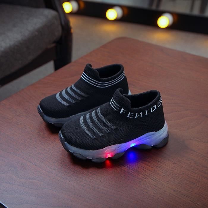 uyiogoo® Enfants bébé filles garçons lettre maille Led chaussettes lumineuses Sport course baskets chaussures décontractées - Noir
