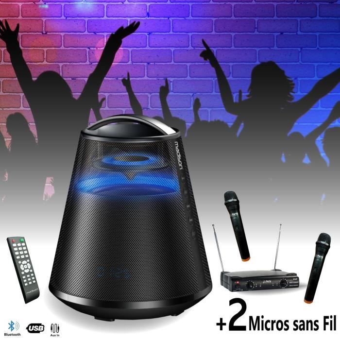 Enceinte sans fil USB Bluetooth Karaoke Mad-Diamont omnidirectionnelle Tuner - 2 Micros Sans Fil - Télécommande - Soirée Fête