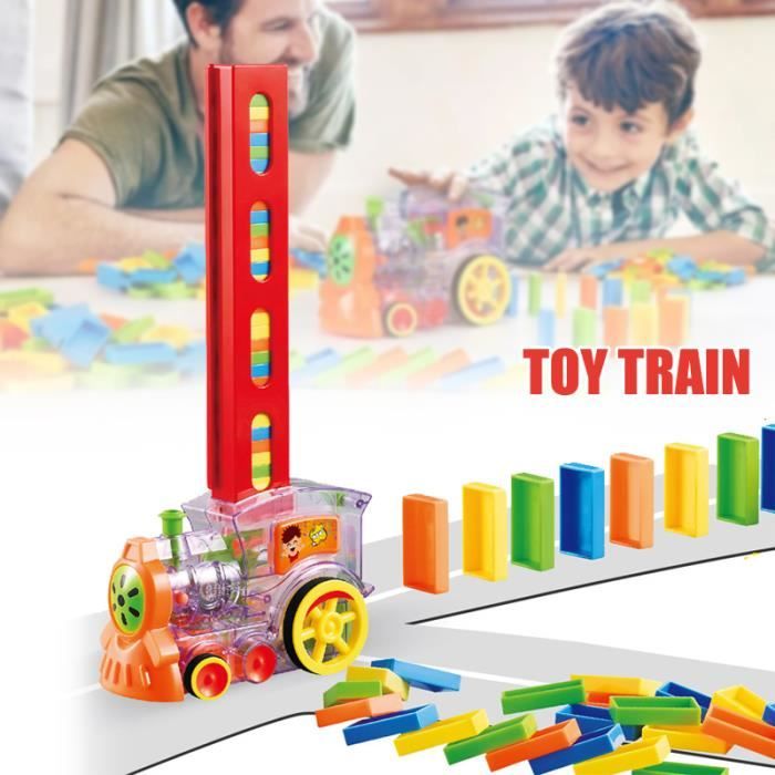 Train domino lumière électrique et musique, jeu de blocs de construction de jouet train domino de 60 pcs, jouet amusant pour enfants