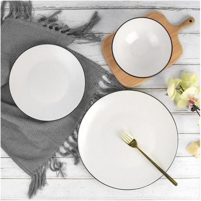 Service vaisselle SIA en grès NATIYIA avec liseré noir - 18 pièces - Blanc cassé