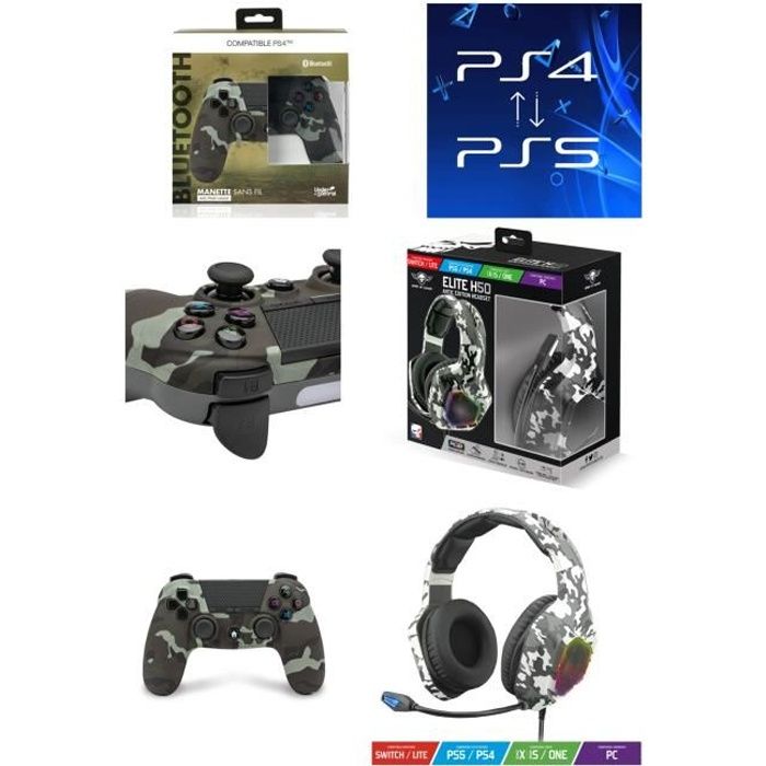 Pack Manette PS4 Bluetooth Camouflage Vert 3.5 JACK + Casque Spirit of Gamer PRO-ELITE H50 RGB PS4-PS5 PLAYSTATION