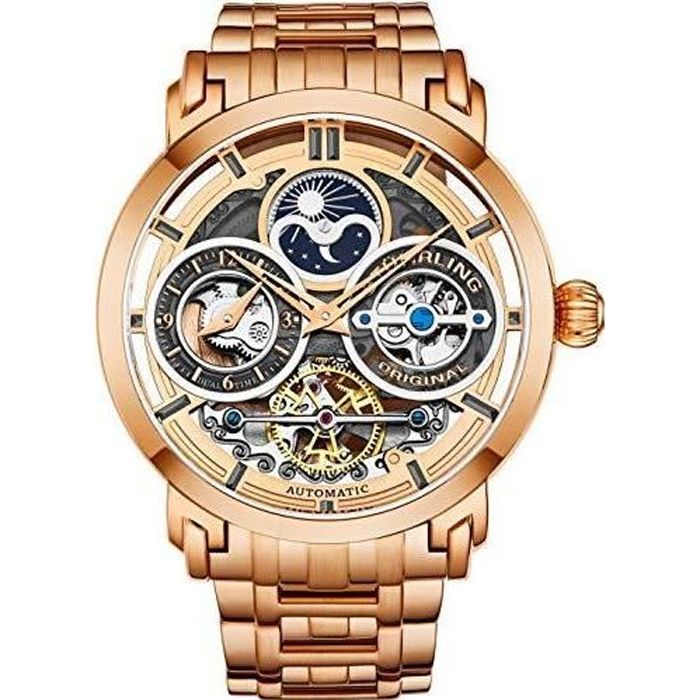 Stührling Original Mens Montre en Acier Inoxydable Automatique, Cadran Squelette, Heure du Matin, Soleil de Lune, Bracelet en Acier