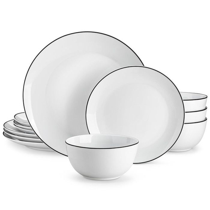 MALACASA Vaisselle AMELIA en Porcelaine Marbre 12 pièces  Service de Table Ensembles dassiettes et de Bols pour 4 Personnes
