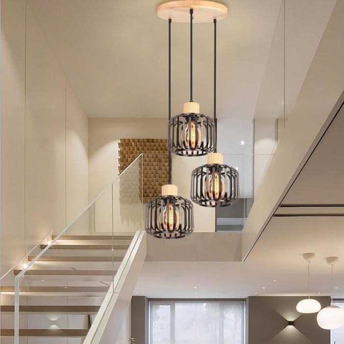 Lampe Suspension - IDEGU - Rétro en Cage - Métal - Abat-jour Noir - 60W E27
