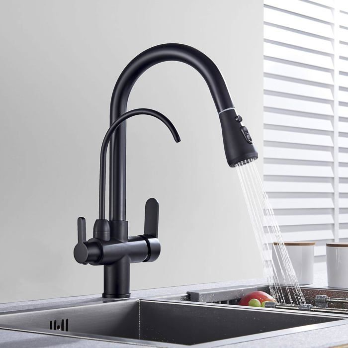 BAIFULAI Robinet De Cuisine Extensible Avec Douchette Extractible, Mitigeur D'évier Extensible à Levier Unique Avec Douchette 3 Modes, 1 Trou Pivotant à 360 °, Cascade Haute Pression, Acier Inoxydable