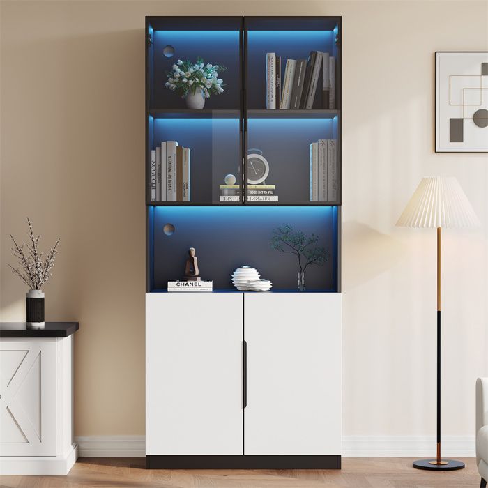 Vitrine En Verre 4 Étagères Avec Éclairage LED - Portes Coulissantes, Capteur De Mouvement - Noir 80x165 Cm - Pour Collection, Décoration Salon