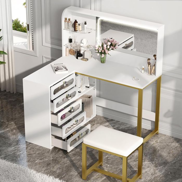 Coiffeuse dangle - SOMUBI - Miroir LED - 5 tiroirs - Blanc - Ergonomique avec tabouret