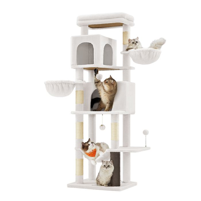 Meilleurs prix pour Grand Arbre à Chat, Hauteur 175 cm, Multi-Niveaux avec 2 Niches, 2 Paniers, 5 Griffoirs, Toilettage Autonome, Blanc Crème