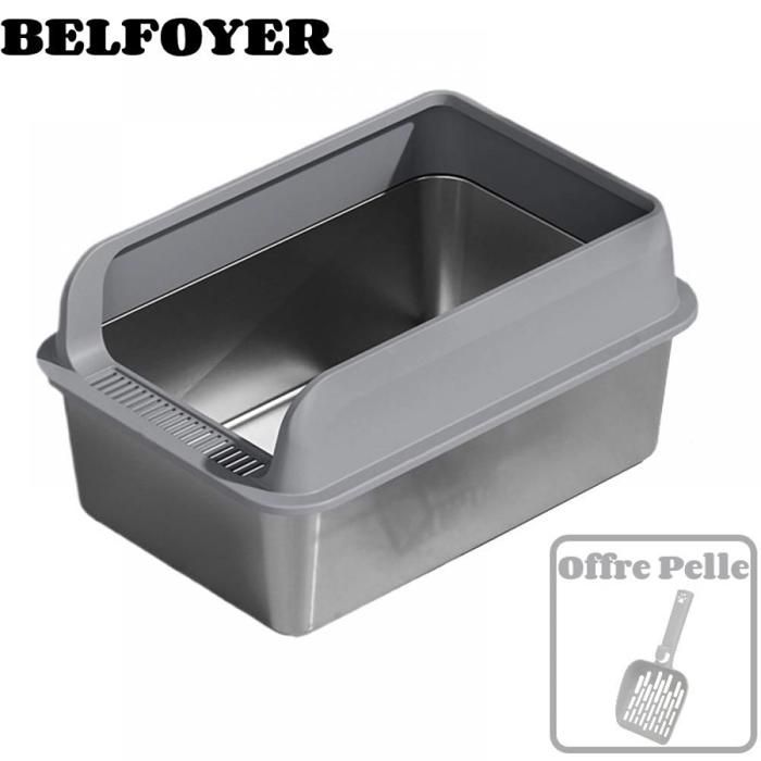 Comparer les prix de Bac à Litière Semi-Ouvert Inox - BELFOYER - Grande ouverture en U - Côtés hauts - avec pelle - 60 x 42 x 32 cm - Gris