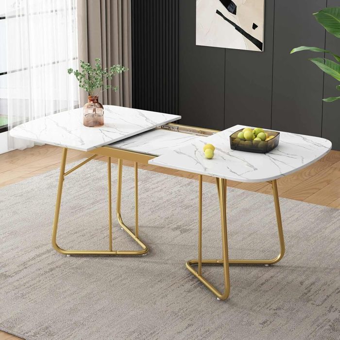 Table Salle à Manger Extensible Rectangulaire Multifonctionnelle Moderne Minimaliste Blanc Doré 140/180x80x75cm