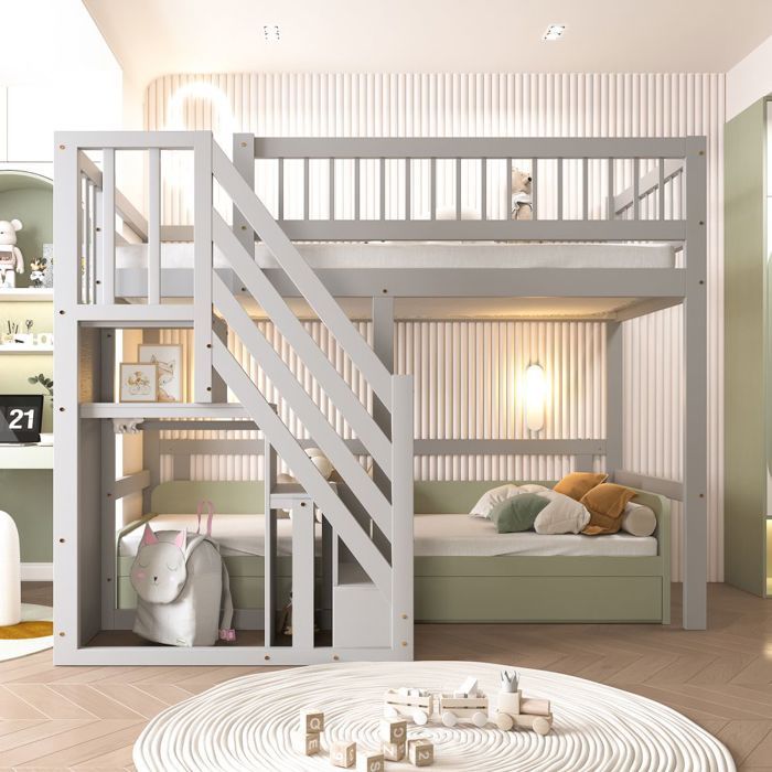 Lit Mezzanine Lit enfant/ado 90x200cm en bois massif gris - Cadre haut avec escalier et rangement - Sans Matelas