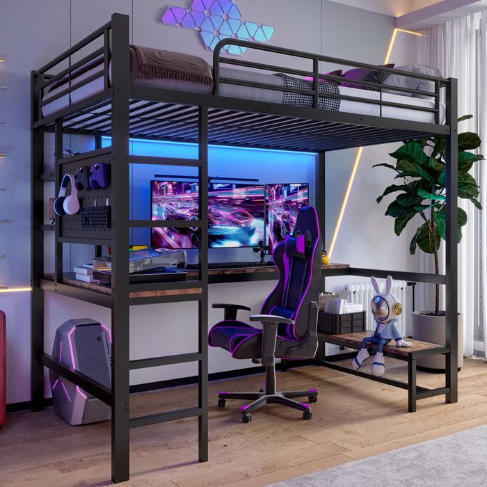Lit Mezzanine 90 X 200 cm avec Prise USB + Type C Cadre en Fer Bureau Garde-Corps Échelle Lit Enfant avec Bande LED Noir