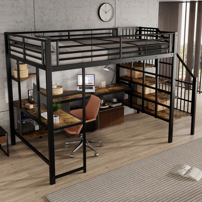 Lit mezzanine - MODERNLUXE - 120x200 cm - Bureau intégré - Ports de charge - Noir+Naturel
