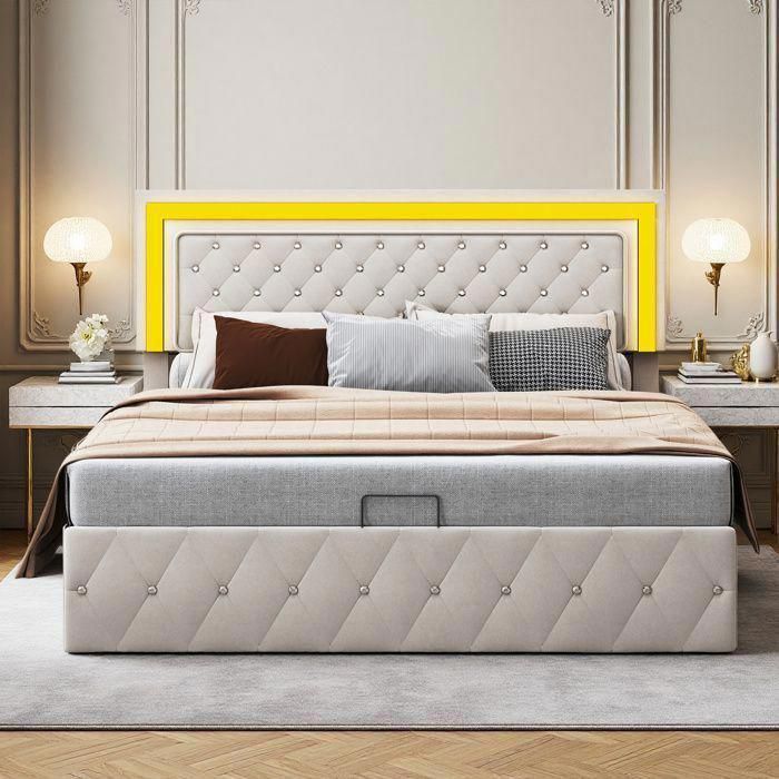 Lit 140x200 cm - COZY - LED - tissu en velours - sommier à lattes - cadre de lit adulte 140x200 cm - beige Lit 140x200 cm - COZY - LED - tissu en velours - sommier à lattes - cadre de lit adulte 140x200 cm - beige