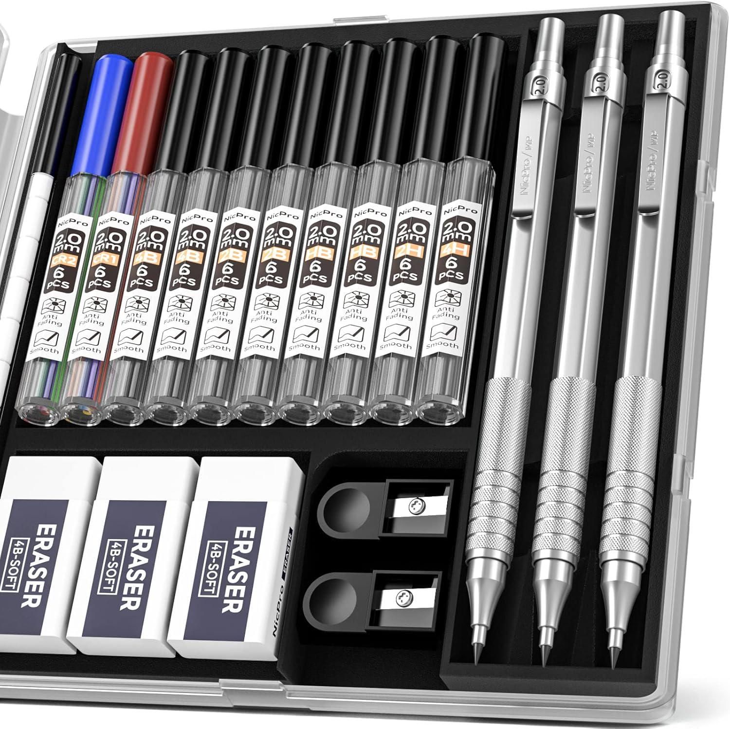 Porte-Mines Set,Critérium 2mm - Porte-mines en métal, avec 12 mines colorées, design ergonomique, capuchon avec taille-crayon intégré, confortable et antidérapant