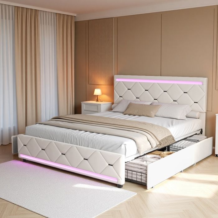 Lit Double 140x190 cm avec 4 Tiroirs en Velours Beige Éclairage LED USB et Sommier Inclus - Design Moderne Chic