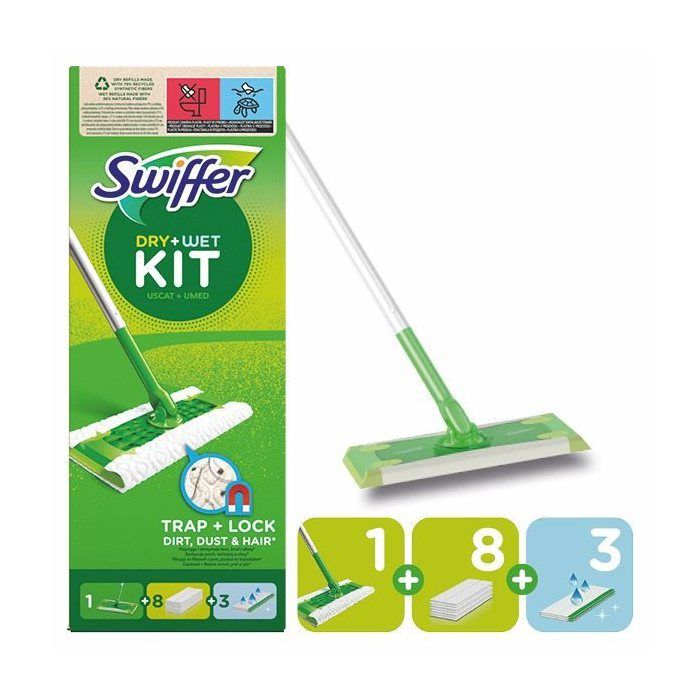 Swiffer Floor Sweeper Starter Set : 1 manche 8 lingettes seches et 3 lingettes humides