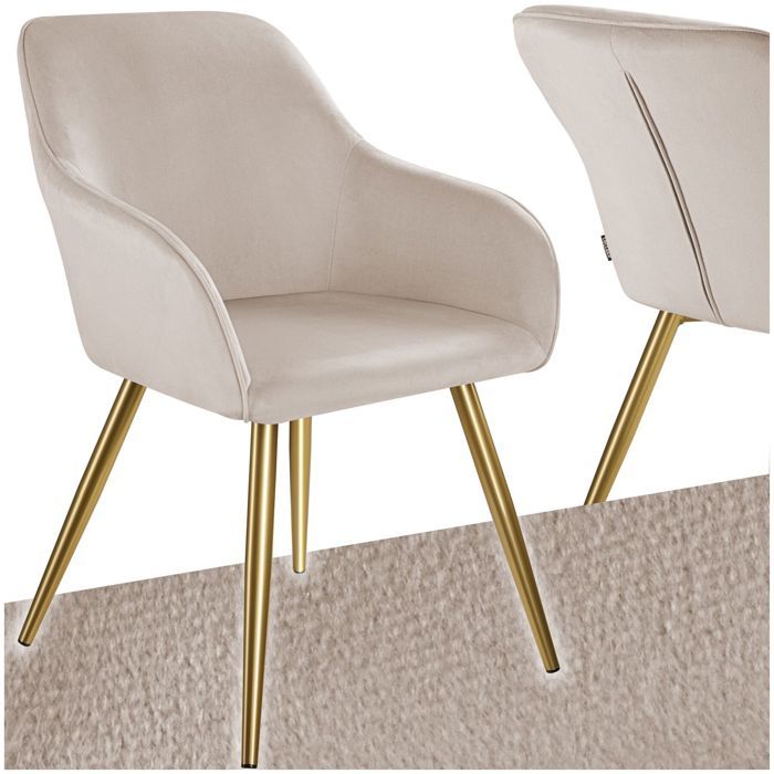 Chaise - TECTAKE - Chaise MARILYN effet velours et ergonomique rembourrée et pieds en acier noir 58 x 62 x 82 cm - Taupe/Or
