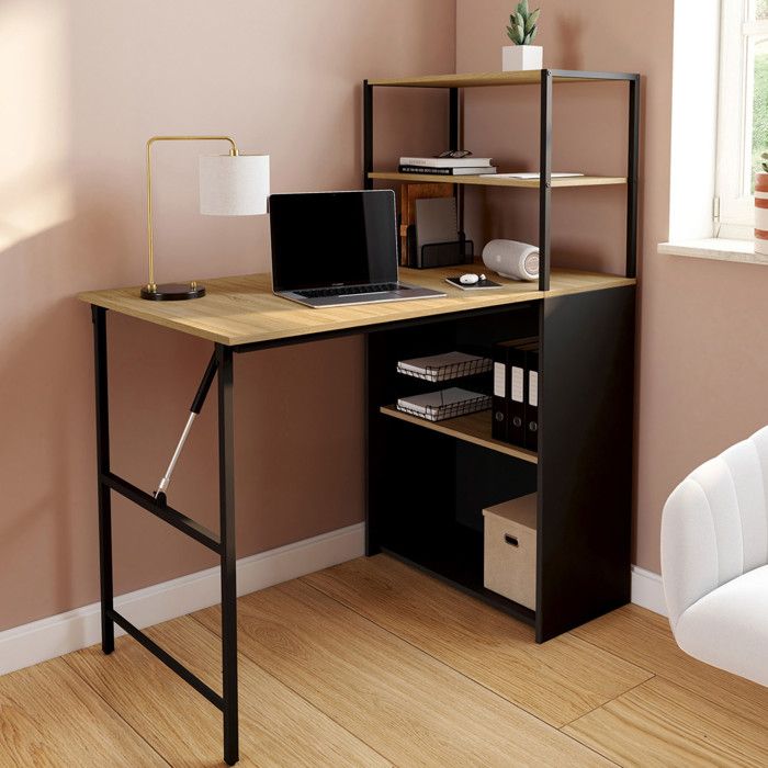 IDMARKET Bureau bibliothèque pliable RAY plateau rabattable bois façon hêtre et noir IDMARKET Bureau bibliothèque pliable RAY plateau rabattable bois façon hêtre et noir