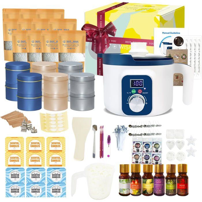 Kit de fabrication de bougies de soja avec fondeur de cire électrique, cadeau de kit de bougies parfumées bricolage, y compris 2 livres de cire de soja, mèches, parfums, colorants, pots