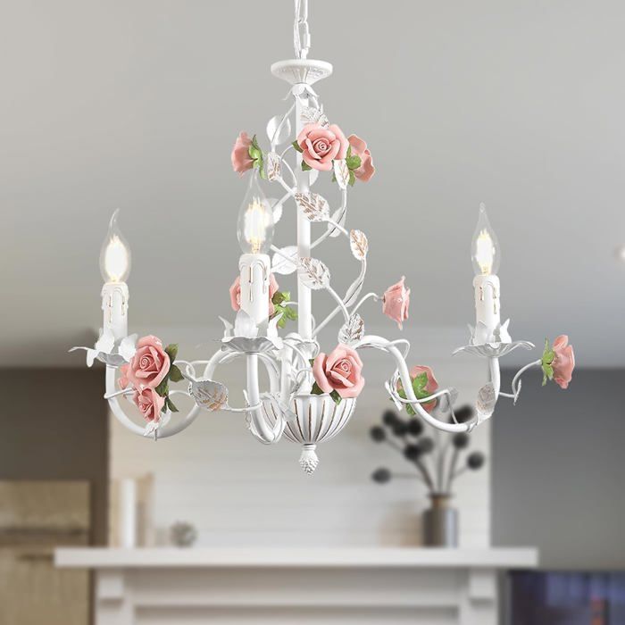 Lustre meibeileil Blanc Vintage Métal avec Roses en Céramique 3 Lumières E14