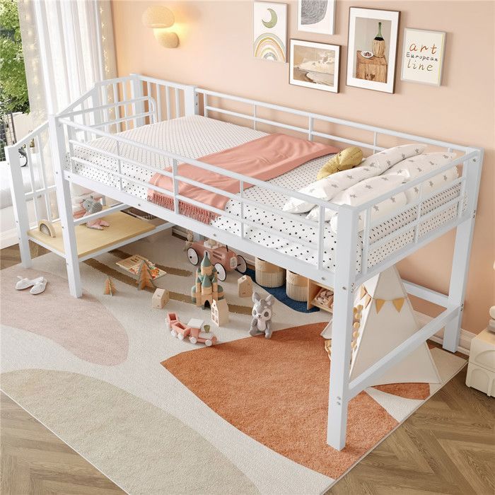 Lit Enfant Mezzanine 1 Place 90x200 Métal avec Rampe Escalier Rangement pour Ado Lit Mi Hauteur avec Barrière de Aécurité Blanc