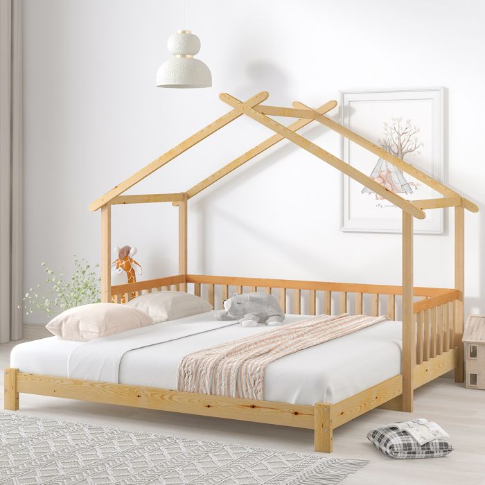Lit cabane extensible 90x200→180x200 cm en pin massif naturel — sommier inclus sans matelas