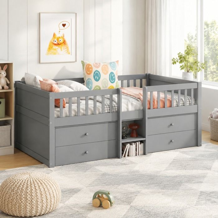 Lit mi-hauteur enfant 90 x 200 cm gris en pin et MDF 4 tiroirs barrières et échelle sans matelas