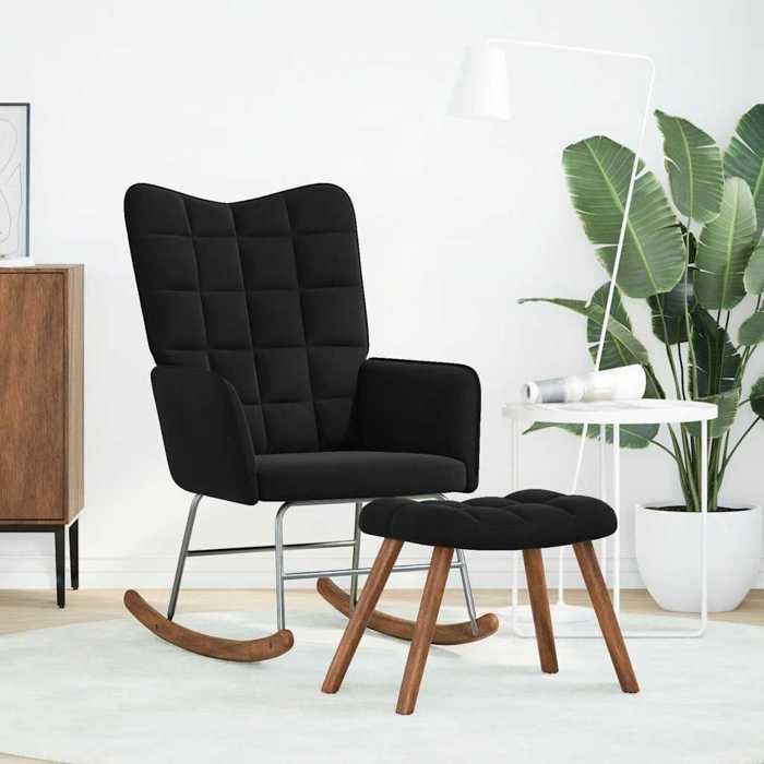 NEUF 2026 CHIC Fauteuil berçante SWEETY Chaise simple Pour relax avec tabouret en velours noir 61x78x98 cm FF340