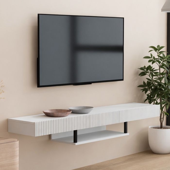 DESIGN AMEUBLEMENT Meuble TV suspendu 1 tiroir Meuble TV de salon Couleur Blanc Mod&egrave;le Renzo 150x30x22cm
