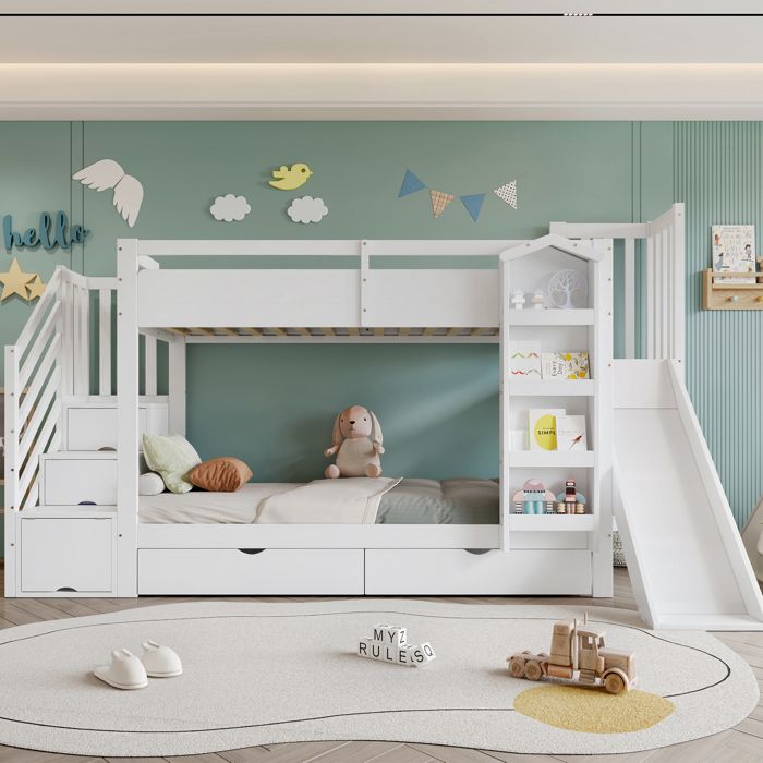 Lit superposé en pin pour enfants 90 x 200 cm avec étagère pour livres dimages échelle de rangement toboggan et tiroirs blanc