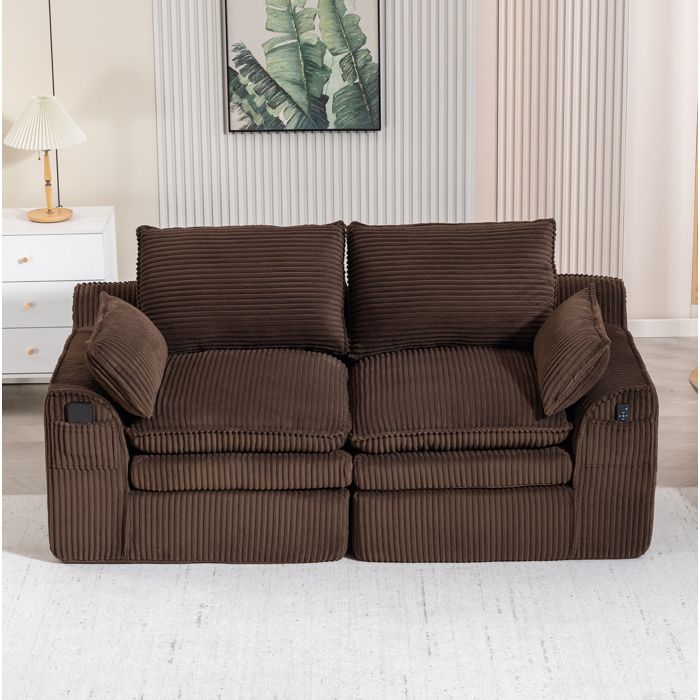 Canapé 2 places marron L 191 x P 94 x H 85 cm poches latérales coussins sans montage