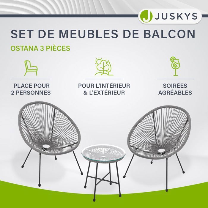 Salon de balcon Ostana 3 pièces gris clair - Table + 2 fauteuils de jardin - Ensemble mobilier extérieur compact