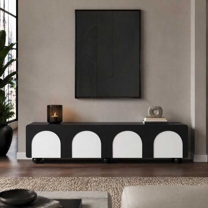 Meuble TV bas avec 2 tiroirs 2 portes et passe-câbles - TCQPZ - en MDF noir et blanc 180 × 38 × 45 cm