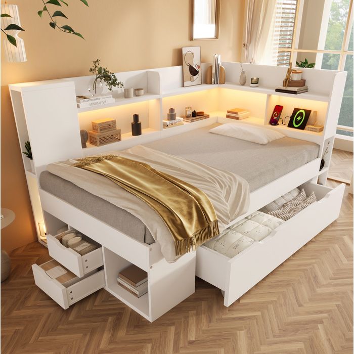 Lit banquette 90x200 cm avec rangements LED station de charge USB et Type-C structure en bois blanc