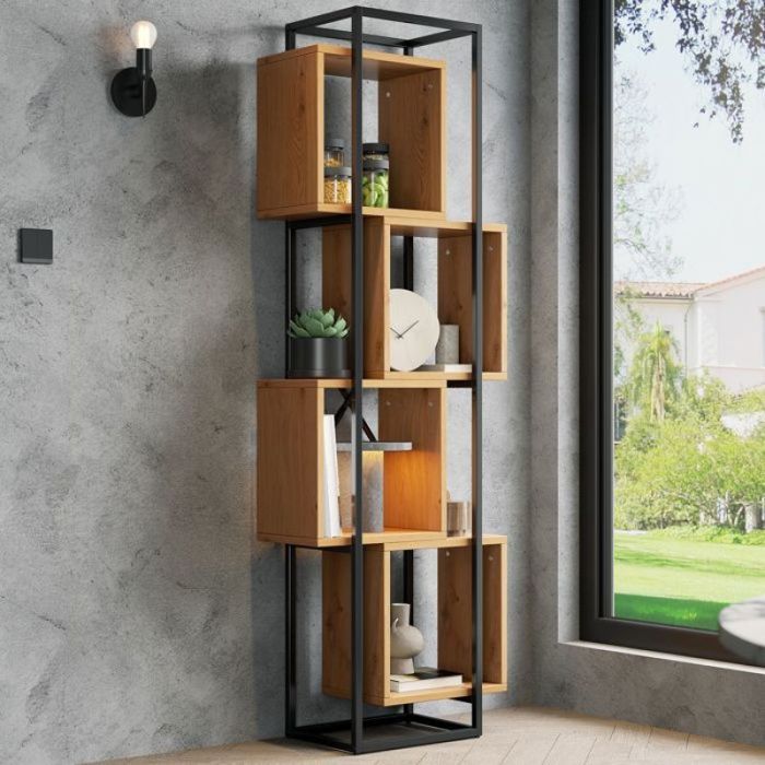 Bibliothèque scandinave design moderne 59×30×180 cm niches empilables MDF et armature métallique noire