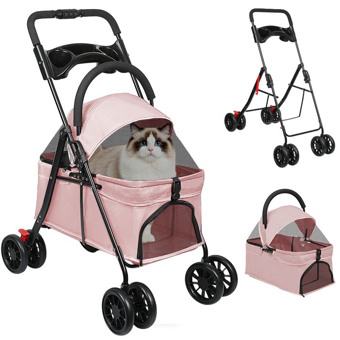 ROSE Poussette Pour Chien chat Pliable 3 en 1 Animaux Chariot avec Siège Amovible Filet Respirant Porte-gobelet Étui Transport
