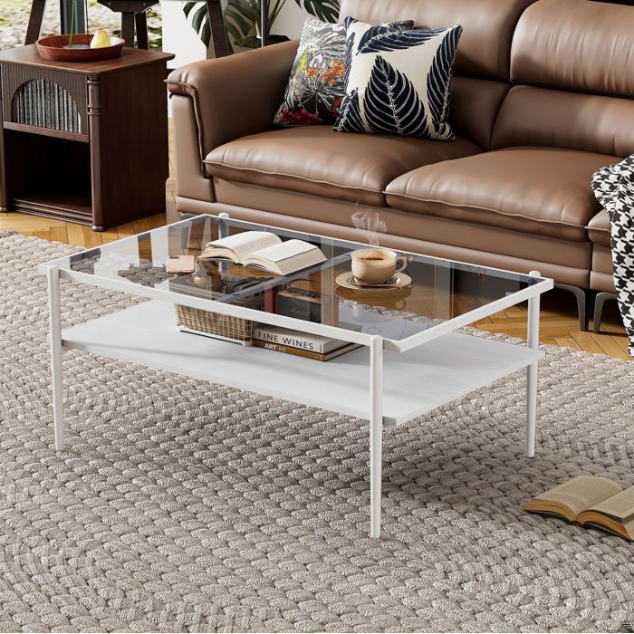 Table basse de salon gris et blanc en verre trempé avec rangement pieds en métal