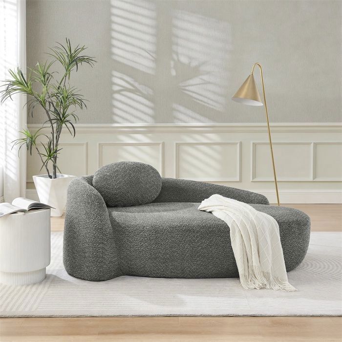 Canapé méridienne tissu bouclette - 170x96x62cm - Banquette lounge arrondie avec coussin mousse haute densité - Gris foncé