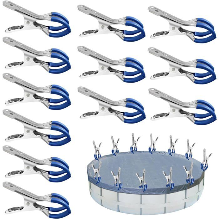 Pinces de fixation bâche piscine lot de 12 - acier inoxydable 11 5 cm ouverture 7 cm - bleues