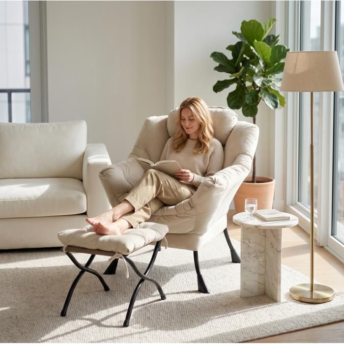 fauteuil de relaxation avec repose-pieds pliable accoudoirs rembourrés poche latérale tissu beige ORVRYN